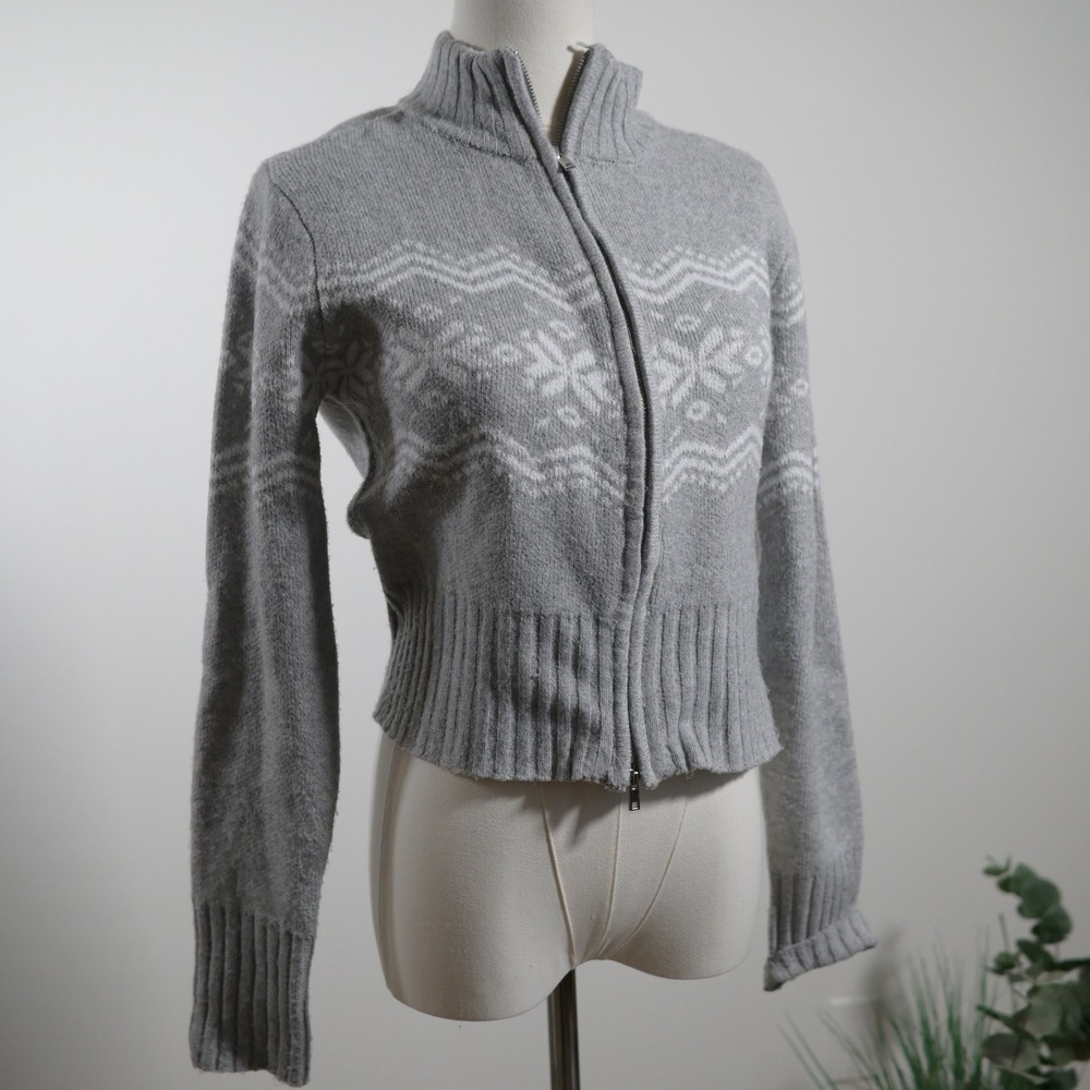 Planet Heart Grey Fair Isle Snowflake Full Zip Mock Neck Sweater Womens Medium